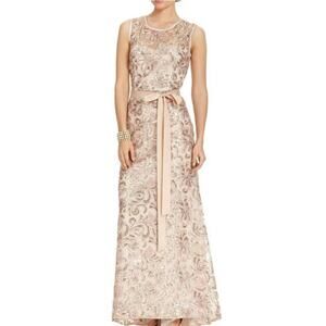 Betsy & Adam Metallic Gold Sequin Rosette Tie Maxi Formal Evening Gown Dress
